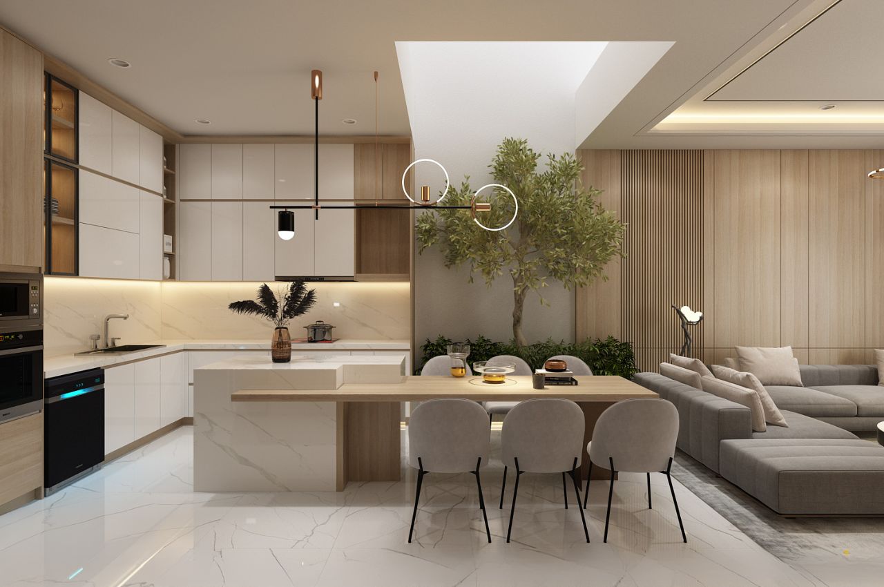 Dịch vụ thiết kế phòng khách liền bếp nhà ống đẹp - tiện nghi