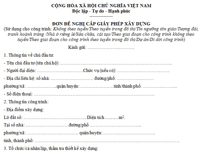 Mẫu đơn đề nghị cấp giấy phép xây dựng mới nhất 2025?