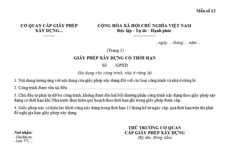 Mẫu giấy phép xây dựng có thời hạn cho công trình, nhà ở riêng lẻ mới nhất 2024?
