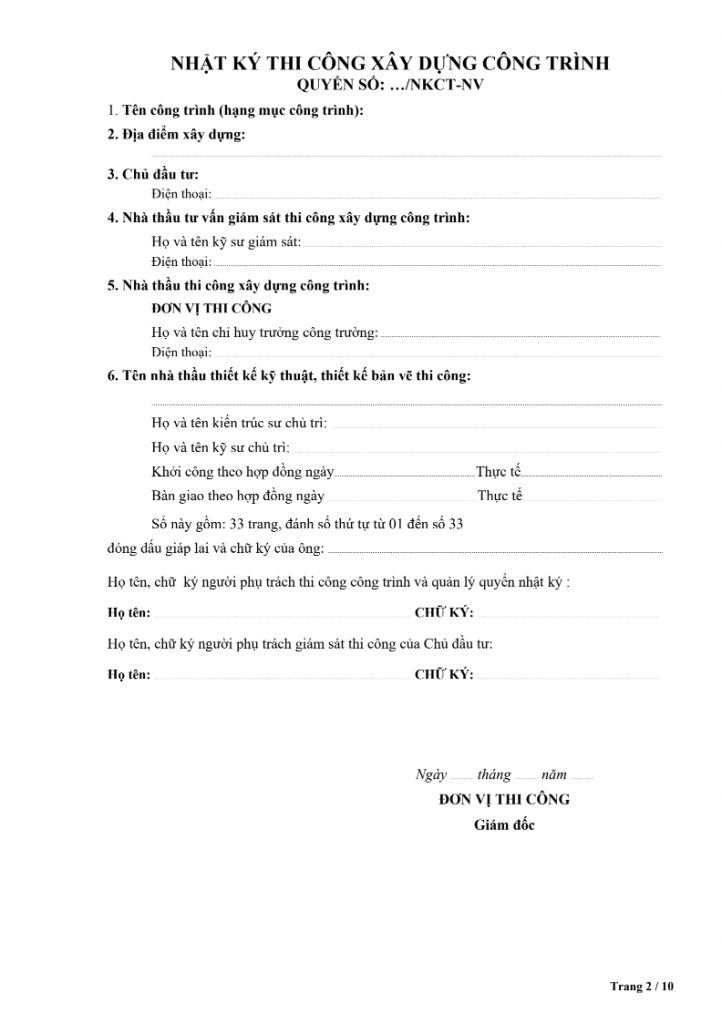 Mẫu nhật ký thi công mới nhất dành cho doanh nghiệp năm 2025