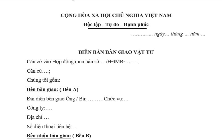 Mẫu Biên bản bàn giao vật tư tại công trình xây dựng mới nhất? Đơn giá