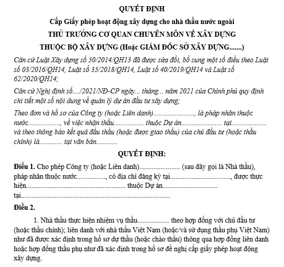 Mẫu Quyết định Cấp Giấy phép hoạt động xây dựng cho nhà thầu nước ngoài theo Thông tư 15?